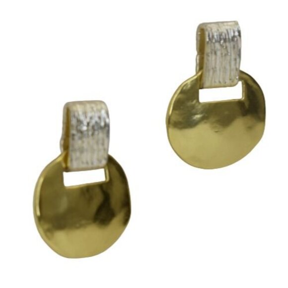 Karine Sultan Drop Disc Earrings Mixed Metal Gold Pewter Silver Post Back - Picture 2 of 4